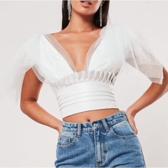 Missguided Tops - MISSGUIDED White crop top tulle faux leather detail
